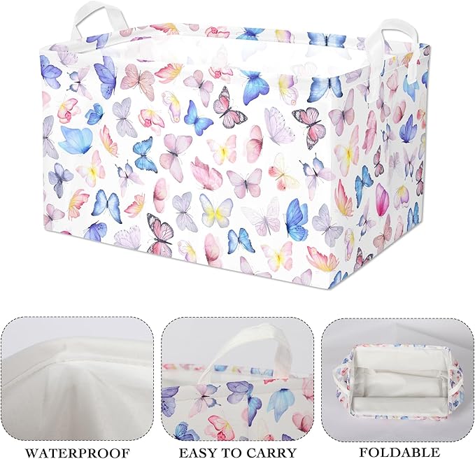 Butterfly Girls Shelf Basket Pink Baby Shower Basket for Kids Room Rectangle Clothes Toys Cube Storage Basket (Butterfly)