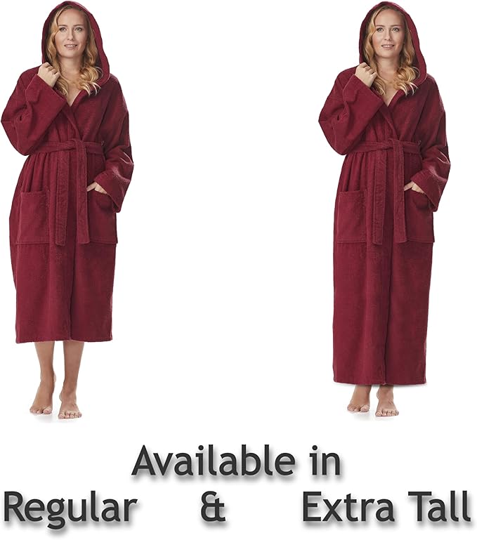 Arus Women's Hooded Classic Bathrobe Turkish Cotton Robe with Full Length Options