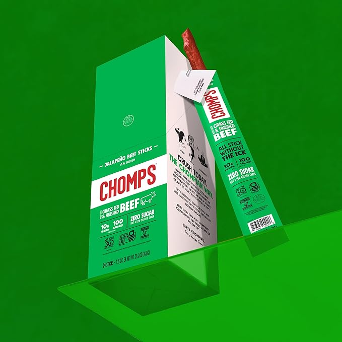 Chomps Grass-Fed and Finished Jalapeño Beef Jerky Snack Sticks 24-Pack - Keto, Paleo, Whole30, 10g Lean Meat Protein, Gluten-Free, Zero Sugar Food, Non-GMO