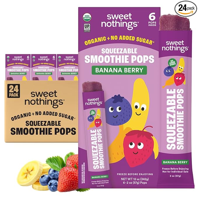 Sweet Nothings, Banana Berry, USDA Organic Kids' Squeezable Fruit Smoothie Popsicle Pops, Value Pack of 24 - Dye-Free, No Added Sugar, Dairy-Free, Vegan, Healthy Organic Fruit Pops, Freeze & Enjoy