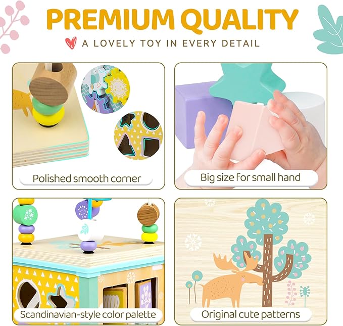 Wooden Activity Cube Montessori Toys for 1 2 3 Year Old Baby Toys 12 Months Toddlers 1-3 Birthday Gift Boys Girls Sensory Interactive Learning Toys