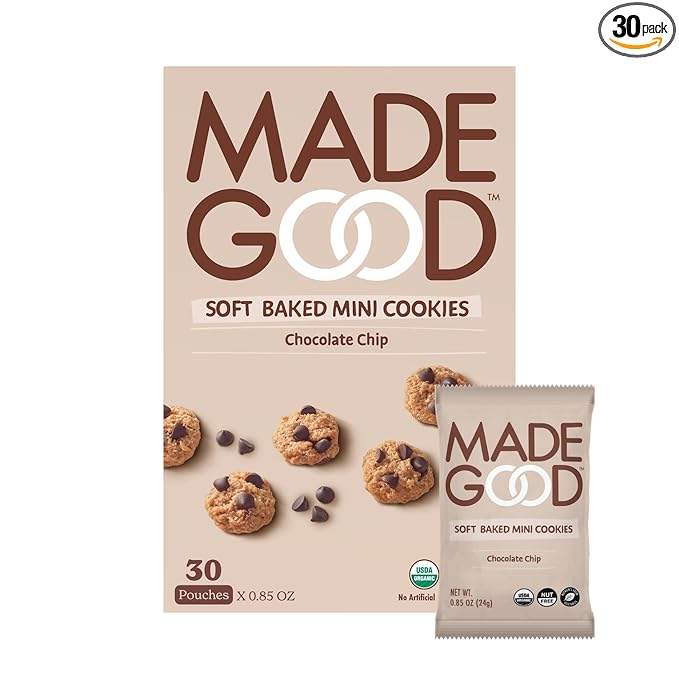 MadeGood Soft Baked Chocolate Chip Mini Cookies, Gluten Free & Safe For School Snacks, 30 Count