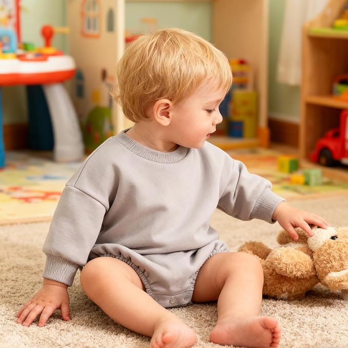 Bafeicao Baby Boy Girl Sweatshirt Romper Organic Cotton Solid Color Long Sleeve Bubble Romper Oversized Warm Fall Winter