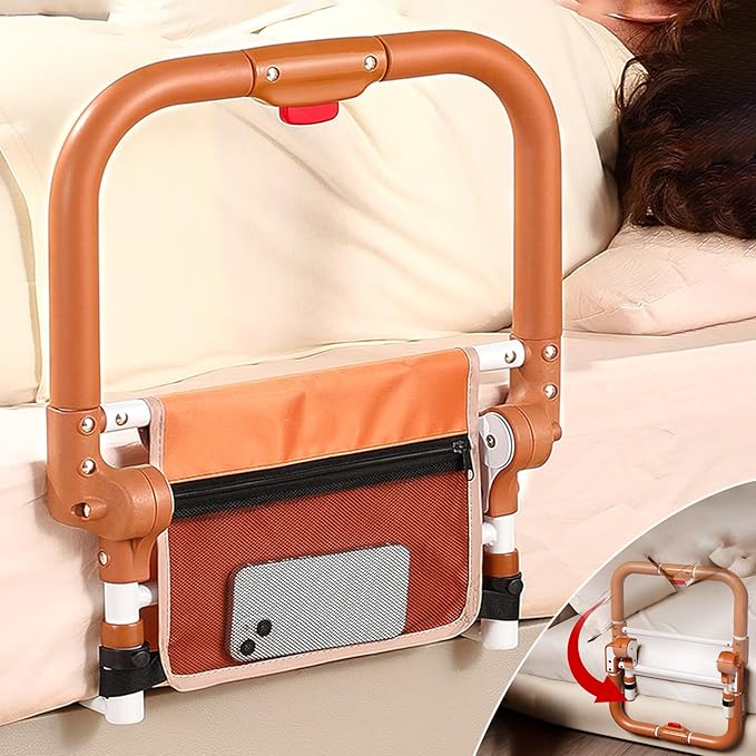Folding Bed Rails for Elderly Adults Safety, Adjustable Height Bed Assist Rails for Seniors, Foldable Bed Side Rails with Non-Slip Handle and Storage Pouch, Fits King Queen Full Twin Beds