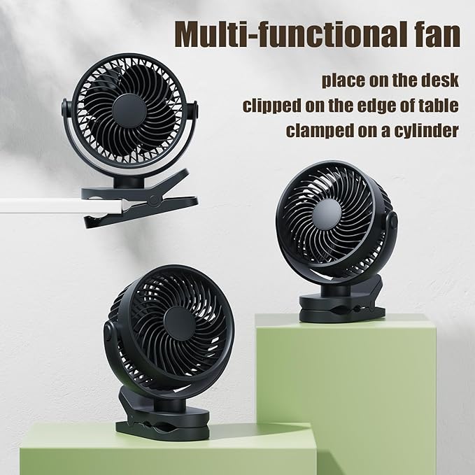 Personal Clip on Fan 2000mAh Battery Operated, Type-C 4 Speed Max 8.5 Hrs 360° adjustment Clip fan, Small Portable Fan for Office, Bedroom, Desk, dormitory, Camping, Stroller, Golf Cart - Dark Blue