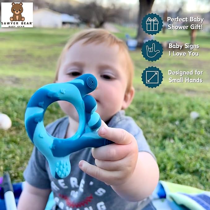 I Love You Silicone Hand Teether, Teethers for Babies 3-6 Months, Soft Teething Toys 6-12 Months bpa Free, Massaging Teething Relief (Blue)