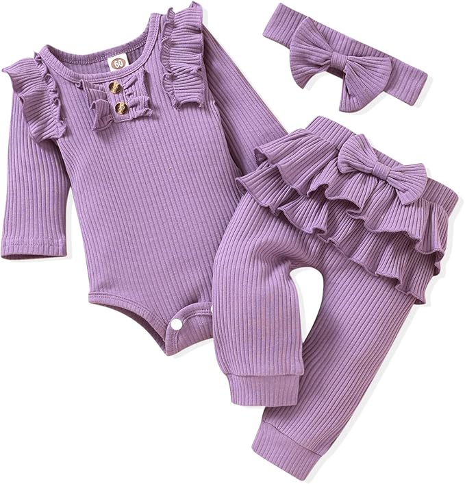 Aalizzwell Preemie Newborn Infant Baby Girls Clothes Ribbed Bodysuit Pants Set Fall Winter Outfits