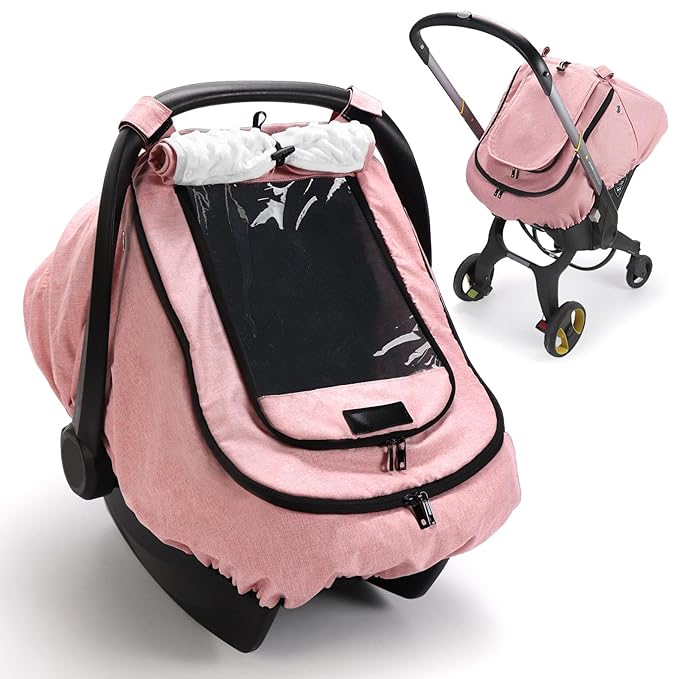 Waterproof Car Seat Cover for Baby, 2-Layer Car Seat Rain Cover with Clear Window & Sunshade & Mesh Cover, Universal Infant Carseat Canopy for Stroller, Protect from Rain and Snow - Pink