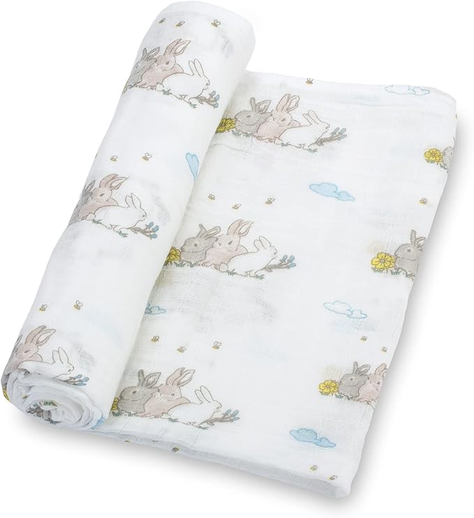 LollyBanks Muslin Swaddle Blankets, 100% Cotton Soft Baby Swaddle Blanket for Boys and Girls, Large 47 x 47 Inches Breathable Baby Receiving Blankets, Baby Essentials, Registry (Rabbit Theme)