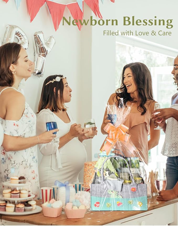 Coralogo Baby Shower Gift Basket - Baby Gift Set with Practical Diaper Caddy, Gifts for New Mom, Gender Reveal Gifts, New Born Essential Include Security Blanket Hat Bib Socks Mittens, Boy