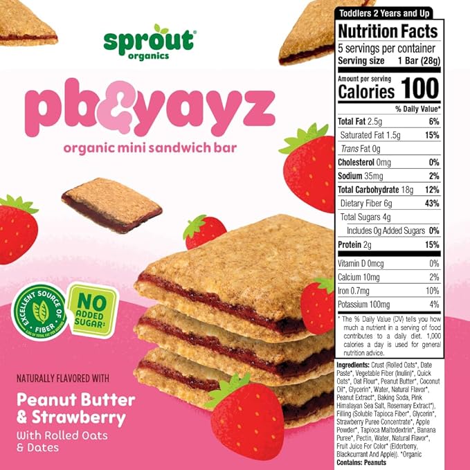 Sprout Organics, PB & Yayz Toddler Snack Bars, Peanut Butter & Strawberry, 5 Individual Bars 1.02 oz Each (6-boxes)