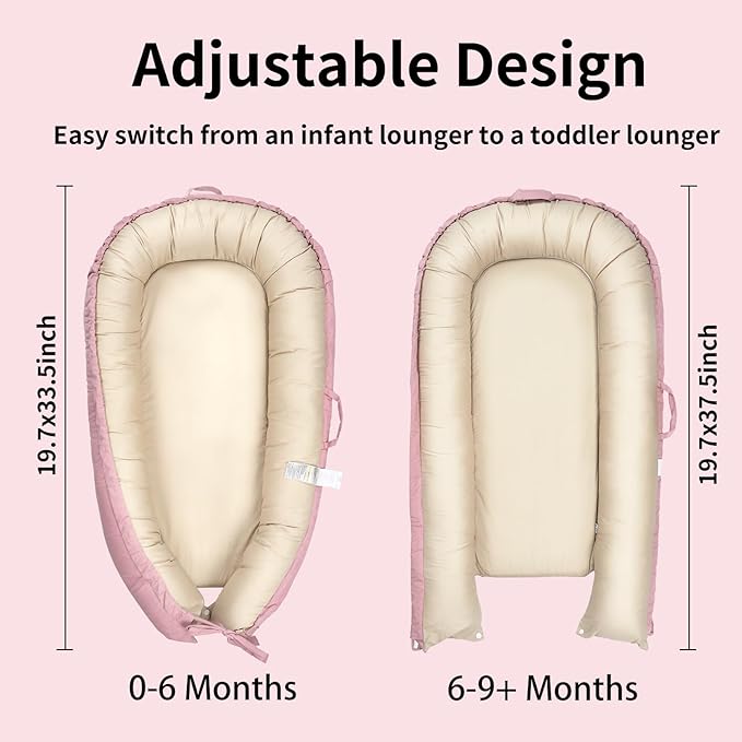 Infant Lounger, Portable Baby Nest Cover, 100% Cotton, Breathable & Reversible, Baby Lounger for Newborn, Adjustable Baby Floor Seat for Tummy Time, Essentials for Newborns (Pink)