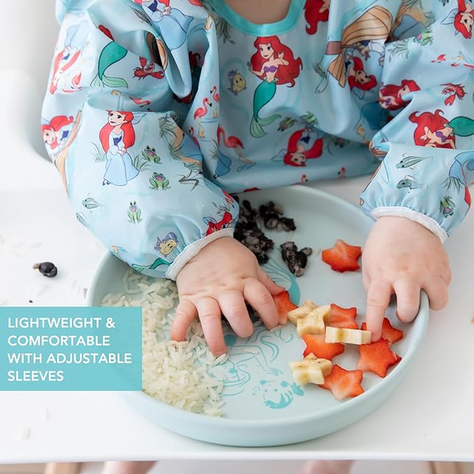 Bumkins Disney Sleeved Bib for Girl or Boy, Baby and Toddler for 6-24 Mos, Essential Must Have for Eating, Feeding, Baby Led Weaning Supplies, Long Sleeve Mess Saving Food Catcher, Soft Fabric, Ariel