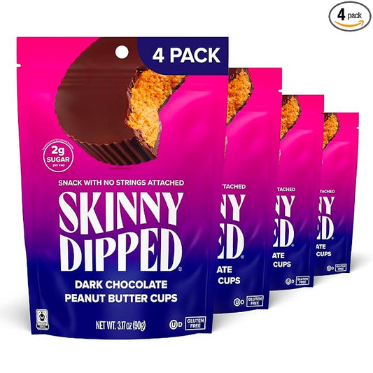 SkinnyDipped Dark Chocolate Peanut Butter Cups, 2g Sugar per Cup, Keto Friendly, Low Carb, Gluten Free, 3.2oz, 4 Pack (24 Cups Total)
