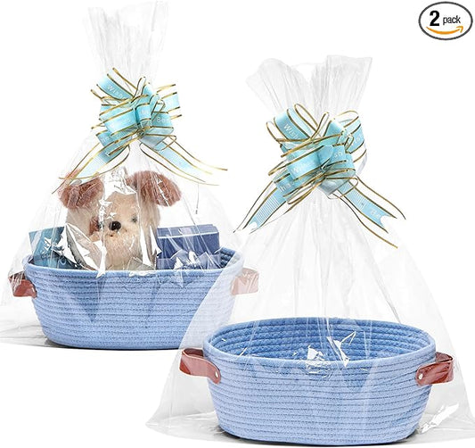 CHEPULA 2 Pack Woven Basket with Gift Bags and Ribbons, Gift Basket Empty for Organizer Baby Shower, Holiday Presents, Wedding, Storage Basket for Nursery (Blue)