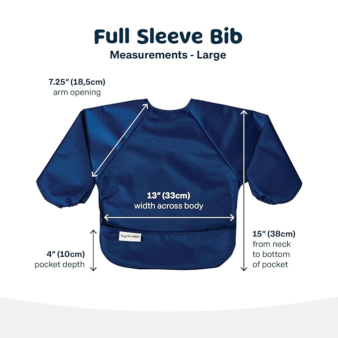 Tiny Twinkle Mess Proof Baby Bibs, 2pk Waterproof Smock Baby Bibs for Eating, Machine Washable Long Sleeve Bibs, Baby Led Weaning, Toddler Bibs, BLW Supplies (Grey Indigo, Small 6-24 Months)