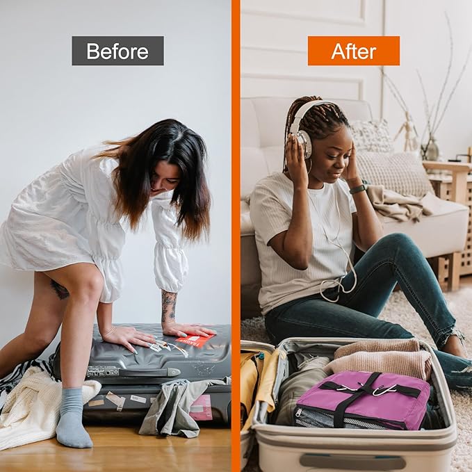 TABITORA Travel Portable Hanging Shelves Closet Organizer Packing Luggage Storage with Multifunctional and Foldable Invisible Compartment,Lightweight, for Suitcase, RV,Closet…Purple,XL