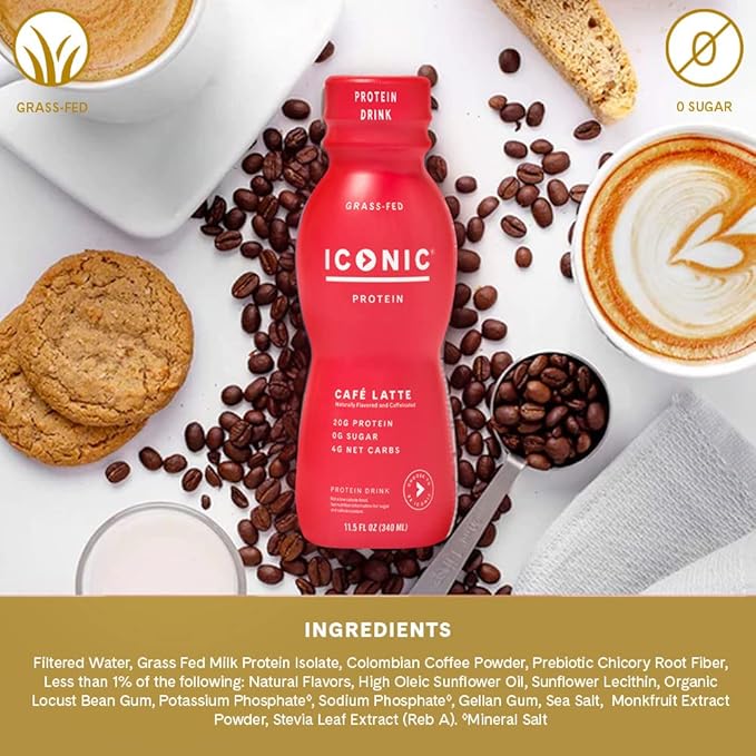 Iconic Protein Drinks, Café Latte (12 Pack) - Sugar Free & Low Carb - 20g Protein + 100mg Caffeine - Lactose Free, Gluten Free - Keto Friendly Protein Coffee