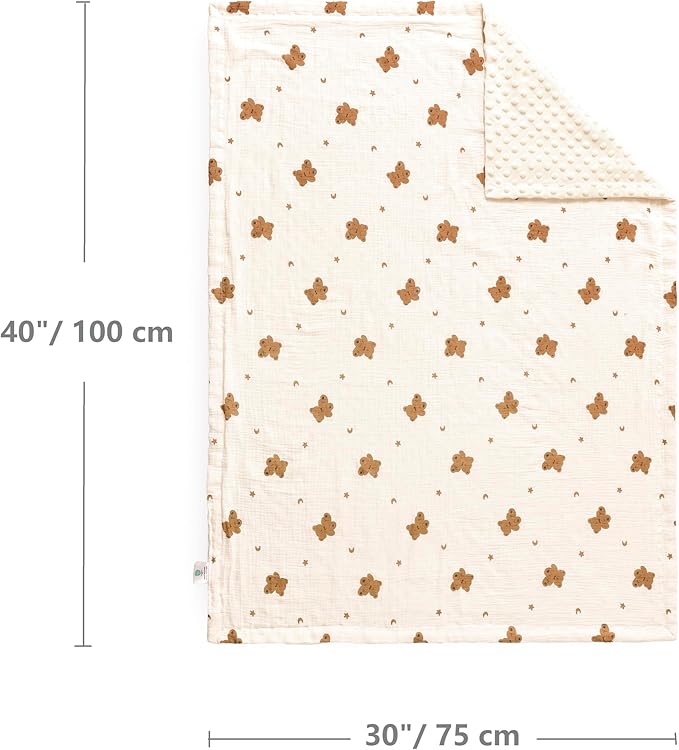 CREVENT 30''X40'' Organic Muslin Cotton Baby Blanket for Newborns, Soft Mink Backing, Essential for Baby Shower Birthday Gift - Bear 75X100cm