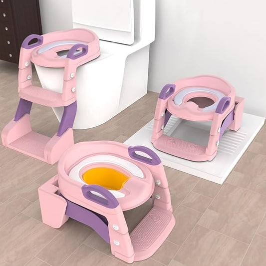 3-in-1 Toddler Potty Training Toilet with Ladder, Easy Assembly, Collapsible Potty Training Seat, Anti-slip Foldable Toddler Toilet Seat with Adjustable Step Stool For Kids Boys And Girls (Pink)