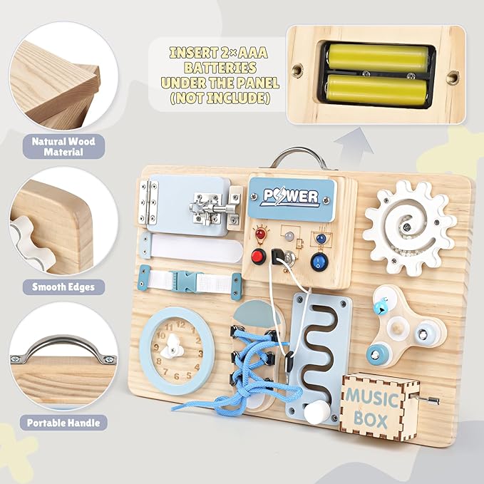 Joyreal Montessori Busy Board with LED Lights, Autism Sensory Travel Toys, Fidget Board Ideal Gift for Boys Girls Wooden Toddler Toys