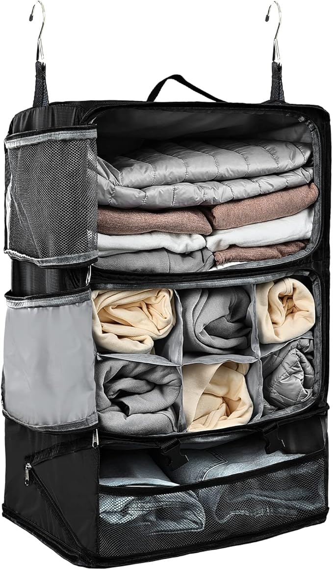 TABITORA Travel Portable Hanging Shelves Closet Organizer Packing Luggage Storage with Multifunctional and Foldable Invisible Compartment,Lightweight, for Suitcase, RV,Closet…Black,XXL
