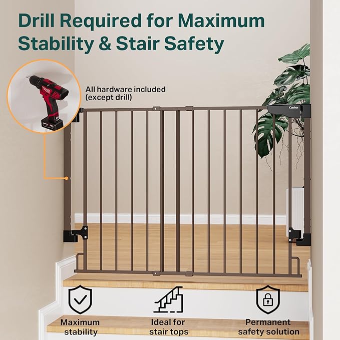 Cumbor 29.2–43" Baby Gate for Stairs, Wall-Mounted (Drill Required), Expandable No Bottom Bar Dog Gate, Auto Close Extra Wide Walk Thru, Pet & Toddler Proof Gate, Top & Bottom of Stairways (Brown)