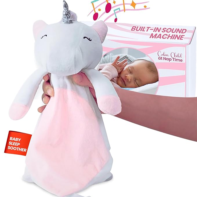 Love By Emi Baby Music Lovey Pink & White Unicorn, Baby Sleep Soother for Crib & Cuddle Bedtime, White Noise with Heartbeat & Lullaby, Plush Sound Toy, Stuffed Animal for Newborns, Infants & Toddlers