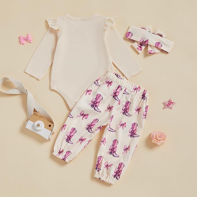 Fernvia Western Newborn Baby Girl Clothes Long Sleeve Letter Print Romper Animal Print Pants Headband 3Pcs Outfits Sets