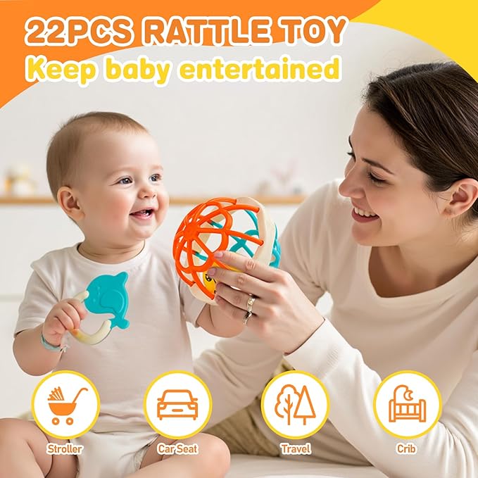 Baby Rattles 0-6 Months,Infant Sensory Teething Toys Set for 3-6 Months with Wrist Socks,Learning Developmental Toys,Perfect Baby Gift for 6-12 Months Newborn Boys Girls (Orange Rattle Set)