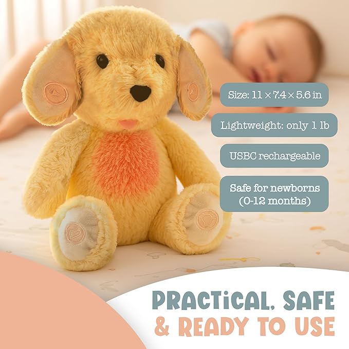 Gemma Joy Baby Sleep Soother Puppy for Baby – Cry Activated Heartbeat Stuffed Animal – Rechargeable Crib Soother with White Noise, Shush, Lullabies & Night Light – Newborn Essentials Must Haves