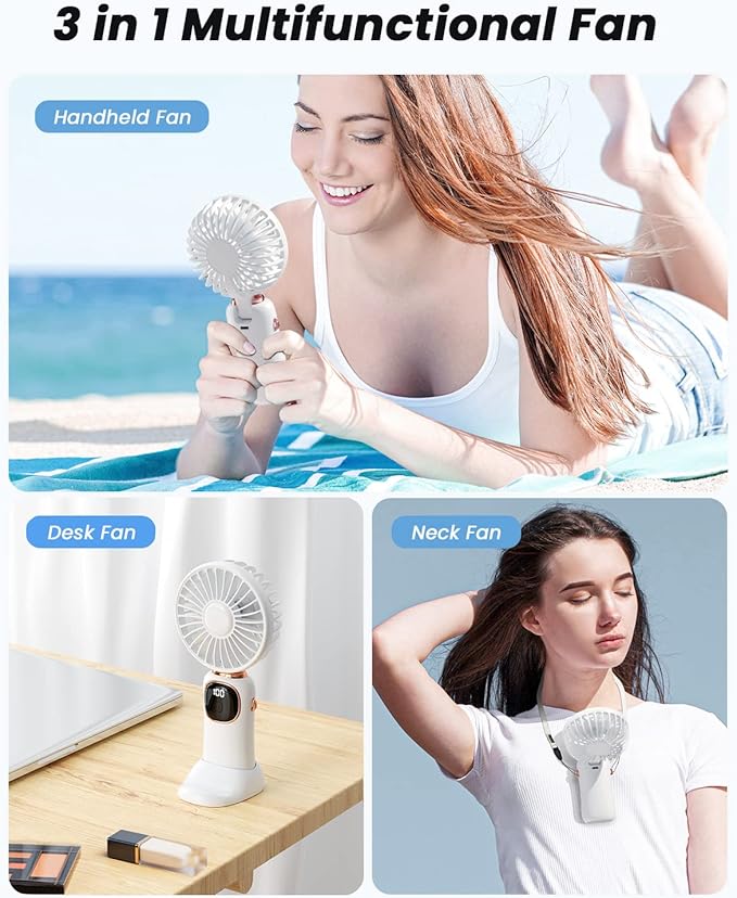 coldSky Portable Handheld Fan, 4000mAh Battery Operated 3 in 1 Multifunction Personal Travel Fans with Digital Display, 90° Foldable Desk Fans with Base, 5 Speed Lash Fan for Makeup/Office (White)