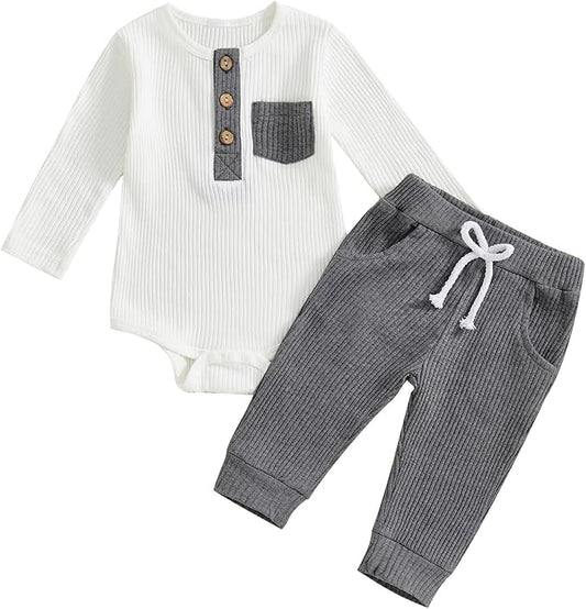 fhutpw Baby Boy Clothes 3 6 12 18 Months Ribbed Knitted Long Sleeve Romper and Pants Sets Newborn Fall Splicing Color Outfits