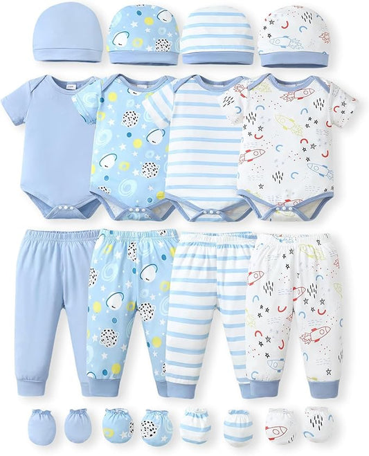 NZRVAWS Newborn Baby Boy Girl Clothes Unisex Infant Romper Pants Set Hat 4-Pack Outfits 0-12 Months 16 Pieces Toddler
