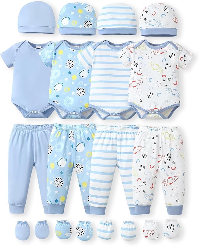 NZRVAWS Newborn Baby Boy Girl Clothes Unisex Infant Romper Pants Set Hat 4-Pack Outfits 0-12 Months 16 Pieces Toddler