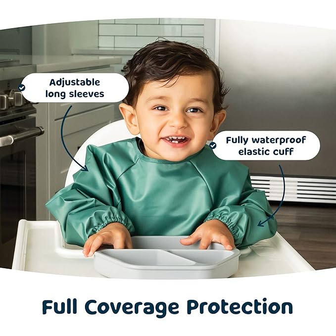 Tiny Twinkle Mess Proof Baby Bibs, 2pk Waterproof Smock Baby Bibs for Eating, Machine Washable Long Sleeve Bibs, Baby Led Weaning, Toddler Bibs, BLW Supplies(Slate Olive, Large 2-4 Years)