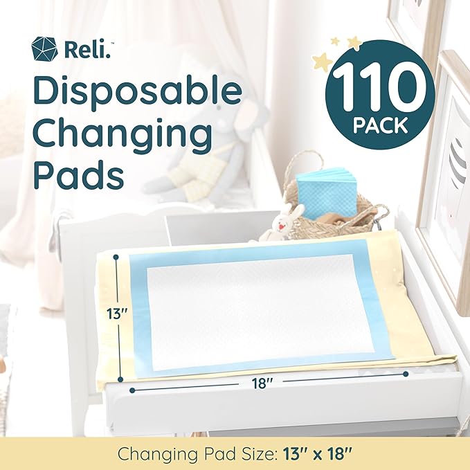 Reli. Disposable Changing Pads for Baby (110 Pack) | Disposable Diaper Changing Pads, 13" x 18" | Super Absorbent, Leak-Proof Liners | Waterproof, Quick Dry Underpads (Blue/White)