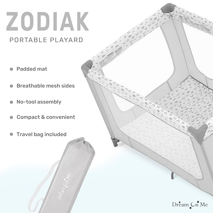Dream On Me Zodiak Portable Playard in Cool Gray, Lightweight, Packable and Easy Setup Baby Playard, Breathable Mesh Sides and Soft Fabric - Comes with a Removable Padded Mat
