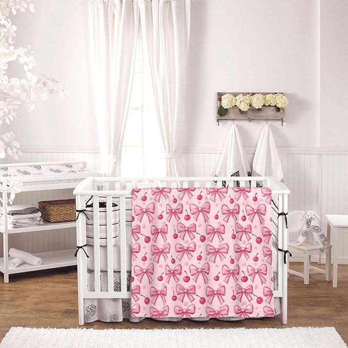 Baby Blanket Pink Bows Cherry for Boy Girl Newborn 30x40 Inch Toddler Infant Nursery Throw Blankets Double Layer Comfy Soft Plush Stroller Crib Quilt