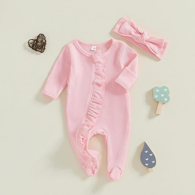 Newborn Girl Clothes Baby Girl Coming Home Outfit Zipper One-piece Outfits Ruffle Footie Bodysuit Jumpsuit Headband