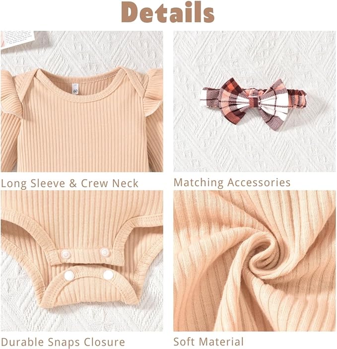 Aalizzwell Preemie Newborn Infant Baby Girls Clothes Ribbed Romper Bodysuit Pants Set Fall Winter Outfits