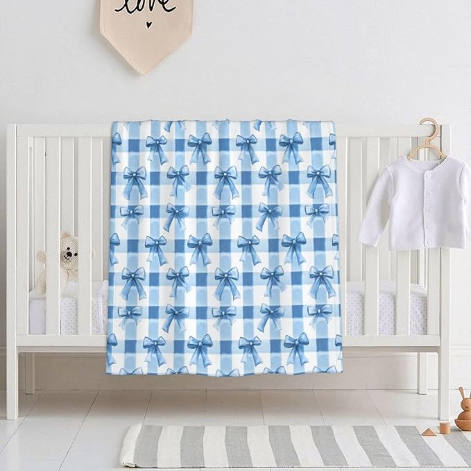 Baby Blanket Blue Bows Check for Boy Girl Newborn 30x40 Inch Toddler Infant Nursery Throw Blankets Double Layer Comfy Soft Plush Stroller Crib Quilt