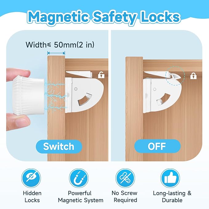 22 Pack Magnetic Cabinet Locks for Child Safety, Drawer Locks Baby Proofing, Magnetic Door Safety Locks for Cabinets and Drawers, Easy Installation No Tools Required (22 Pack and 4 Keys)