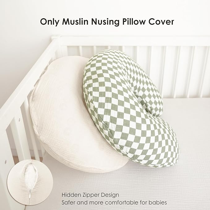 2-Pack Muslin Nursing Pillow Covers, Breathable 100% Cotton Breastfeeding Pillow Slipcovers for Standard Nursing Pillows, Soft Covers for Baby Girls and Boys with Zipper