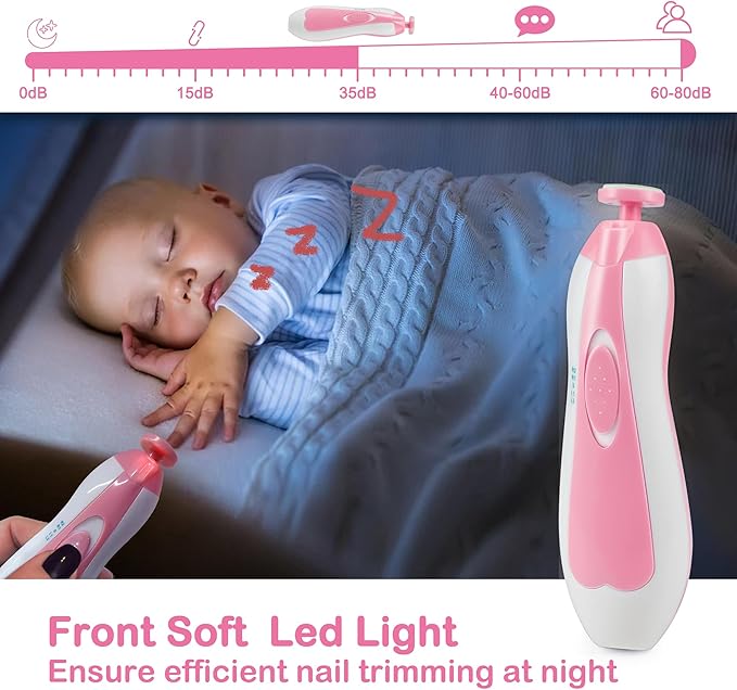 OTTOLIVES Baby Nail Trimmer Electric Newborn Toddler, Safe Baby Nail Clippers Set with Light and 6 Replacement Heads, Baby Nail File Trim Polish Toes Fingernails Care Infant Essentials (Pink)