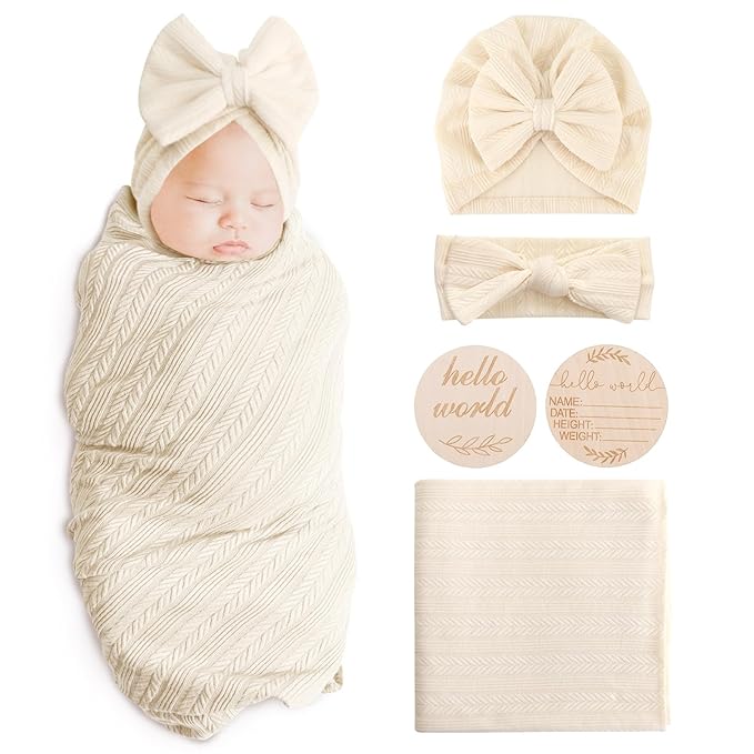 Newborn Receiving Blanket with Bow Hat Headband Wooden Card Set Wheat-Pattern Newborns Toddler Baby Boy Girl Nursery Swaddle Wrap