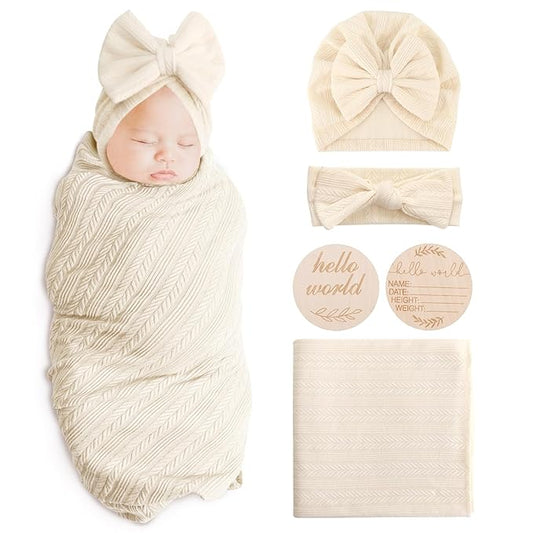 Newborn Receiving Blanket with Bow Hat Headband Wooden Card Set Wheat-Pattern Newborns Toddler Baby Boy Girl Nursery Swaddle Wrap