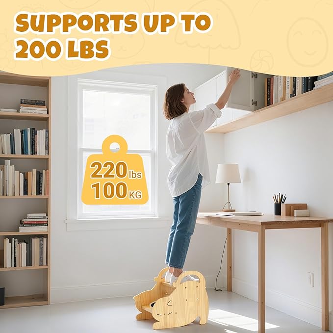 COSYLAND Kids Step Stool with Handle - Height Adjustable 2 Step Stool for Toddlers - Stable Wooden Nursery Step Stool for Toilet Potty Training, Bathroom, Kitchen Easy to Clean (Natural)