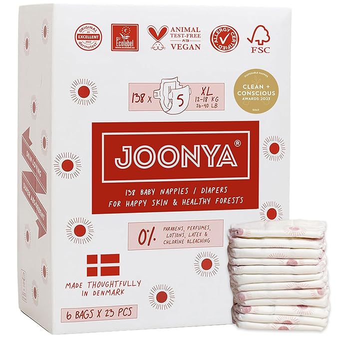 Joonya Baby Diapers, Size 5 XL (26-40 lb) - 6 Bags of 23 (138) - New Range - NonToxic, Eco-Friendly, Ultra Slim, Overnight Use - Made in Denmark
