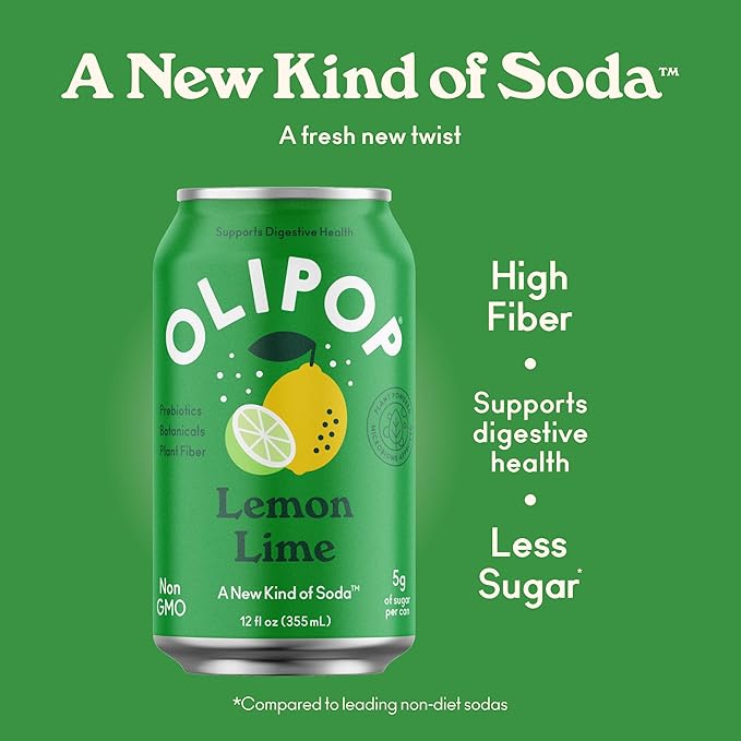OLIPOP Prebiotic Soda Pop, Lemon Lime, Pantry Pack Packed with Prebiotics, Fiber, and Botanicals, Gluten Free, Vegan, GMO Free, 12oz (12-Cans)